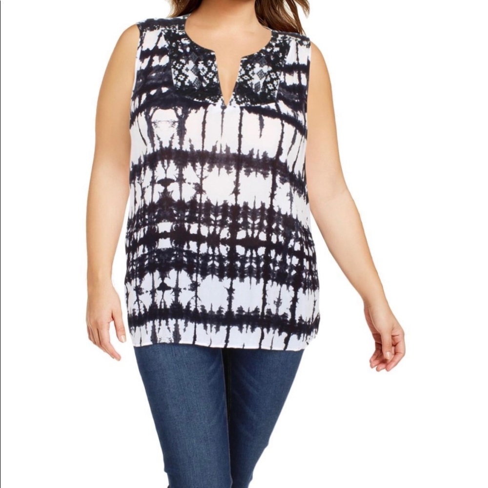NYDJ Tie Dye Sleeveless Top Blouse‎ Black White NWT
